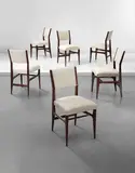 Gio Ponti, Set of six dining chairs, 1950s, Ebonised oak, fabric, painted metal nailheads