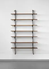 Wall-mounted 'Lib 2' modular bookcase by Ignazio Gardella, circa 1955, Mahogany, mahogany-veneered wood, painted steel, brass, sold Sep 2016