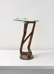 Italian, Wall-mounted console, circa 1946, Stained walnut, glass, brass, marble