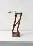 Italian, Wall-mounted console, circa 1946, Stained walnut, glass, brass, marble