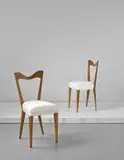 Gio Ponti, Pair of side chairs, 1940s, Stained walnut, fabric, brass nail heads