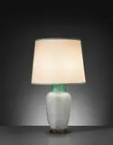 Tomaso Buzzi, Rare and large table lamp, circa 1933, Opaque glass with foglie decoration, coloured verde giada glass, copper, stained walnut, aluminium, cellulose shade