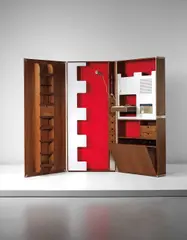 Rare 'Personal Container' by Joe Colombo, circa 1965, Walnut-veneered wood, walnut, brushed aluminium, felt, sold Sep 2016