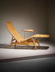 Rare chaise longue by Arne Vodder, circa 1950, Beech, teak, tubular brass, leather, sold Sep 2016