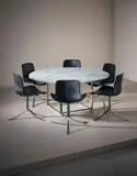Dining table, model no. PK 54, and set of six chairs, model no. PK 9 by Poul Kjærholm, designed 1963 and 1960, produced 1960-1981, Greenland marble, matt chromium-plated steel, leather, sold Sep 2016