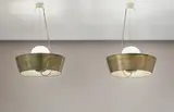 Arne Jacobsen, Pair of ceiling lights, designed for the Aarhus City Hall, Aarhus, 1941, Brass, painted brass, tubular brass, painted aluminium, opaque glass