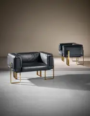 Esko Pajamies, Pair of 'Polar' lounge chairs, circa 1965, Bronze, leather-covered metal, leather