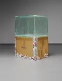 FedEx Box, International Priority, Los Angeles-Beijing (Tracking No. 875468976040), Beijing-Paris (Tracking No. 874269809620) by Walead Beshty, 2011, laminated glass, silicone, metal, FedEx shipping box, packing tape, accrued FedEx tracking labels, offered Feb 2015