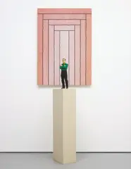 Stephan Balkenhol, Figure of Man and Relief, 2007, painted ayous wood in two parts