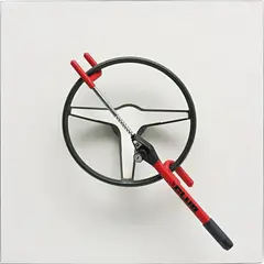 Rodney King by Nick Darmstaedter, 2012, steering wheel, steering wheel lock, steel, joint compound on panel, offered Apr 2015