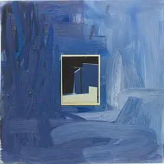 Charles Mayton, Nice Room (Blue Interior), 2011, oil, collage on cut hollow-core door