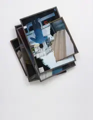 Brendan Fowler, Spring 2011 (Joel and Phil Loading Truck w/Show Card, 1/2 x 2 1/2 Clear Pine Molding Sticking Out of the Car, Andrew and Max Building the New Rack, 1/2 x 2 1/2 Clear Pine Molding Inside of the Car), 2011, archival inkjet prints, wooden frames, Plexiglas