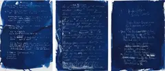 Dario Robleto, The Sun Makes Them Sing Again, 1998, 2008, cyanotype, sunlight, ghost image on paper, in three parts