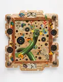Ashley Bickerton, Snake Head Painting, 2008, acrylic, oil, mother of pearl, coconut, metal, digital print on plywood