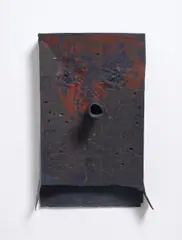 Untitled (Blue Eyes Brown Hanging Perforated Mark M3.d) by Mark Grotjahn, 2010, painted bronze, sold Oct 2015