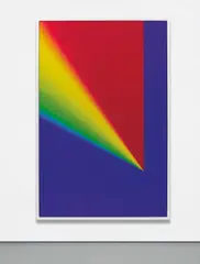 Cory Arcangel, Photoshop CS: 110 by 72 inches, 300 DPI, RGB, square pixels, default gradient "Russell's Rainbow" (turn transparency off), mousedown y=25300 x=17600, mouse up y=4300 x=17600, 2009, c-print face mounted to Diasec, in artists frame