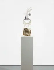 Josephine Meckseper, The Material for "U.S.A.", 2007, plexiglas cube, newspaper, metal stand, acrylic hand display, metal plaque, martini glass, mirrored ornament, necklace, wood plinth