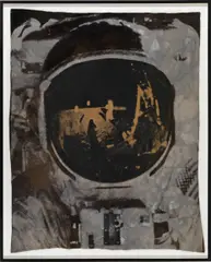 Matthew Day Jackson, Neil Armstrong’s self-portrait in Buzz Aldrin’s helmet visor, 2009, screenprint on NASA emergency blanket, tie-dyed Vietnam era US military blanket