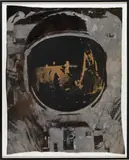 Matthew Day Jackson, Neil Armstrong’s self-portrait in Buzz Aldrin’s helmet visor, 2009, screenprint on NASA emergency blanket, tie-dyed Vietnam era US military blanket
