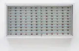 Damien Hirst, Day by Day, 2003, Stainless steel, glass and wooden cabinet with Dymo tape and pills