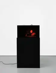 Fergal Stapleton, And A Door Opened. 1., 2007, black perspex, electrical fittings, concrete, asphalt, motorised turntable and right light