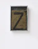 Yannis Kounellis, Untitled (Sack with Z), 2001, Steel, glass, burlap sack, and coal,