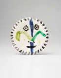 Visage no. 144 by Pablo Picasso, 1963, White earthenware round dish painted in colours with brushed glaze,, sold Jan 2015