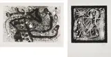 Joan Miró, Les géants III; and Les essències de la terra: one plate, 1960; and 1968, One etching and aquatint, and one lithograph, on Rives BFK and Japon Nacré paper respectively, both with full margins,
