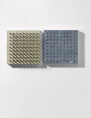 Günther Uecker, Aggressive Reihung, 1975, Multiple, comprising two panels, the first with nails, graphite and canvas stretched on woodboard, the second, a metal block with drilled holes,