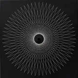 Jean-Pierre Yvaral, Interférence B, 1967, Kinetic relief sculpture, with screenprint in white on a painted black wooden panel, with metal tube and elasticated string,