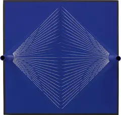 Interférence (2M) by Jean-Pierre Yvaral, 1967, Kinetic relief sculpture, with screenprint in white on a painted blue wooden panel, with metal tubes and elasticated str, sold Jun 2015