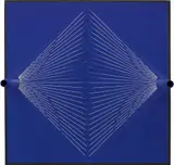 Jean-Pierre Yvaral, Interférence (2M), 1967, Kinetic relief sculpture, with screenprint in white on a painted blue wooden panel, with metal tubes and elasticated string,