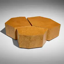Martin Kajdas, Custom octagonal coffee tables, set of three, c. 2016, maple burl veneer, laminated Tamo ash