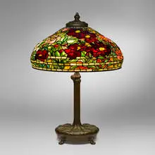 Tiffany Studios, Peony table lamp, c. 1910, leaded glass, patinated bronze