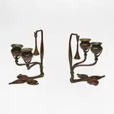 Tiffany Studios, Fleur-de-lis candleholders with snuffers, set of two, c. 1910, patinated bronze