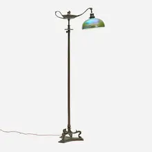 Aladdin (Pompeian) floor lamp with Damascene shade by Tiffany Studios, c. 1910, patinated bronze, hand-blown Favrile glass, sold Nov 2025