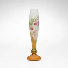 Daum, Tall vase with sweet pea blossoms, c. 1900, acid-etched and enameled cameo glass