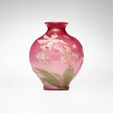 Vase with orchids by Schverer Burgun & Cie, c. 1900, acid-etched, wheel-carved, martelé and gilt cameo glass, sold Nov 2025