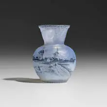 Daum, Scenic cabinet vase with windmills, c. 1900, acid-etched and enameled glass