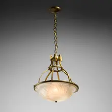 Georges Leleu, Chandelier, c. 1920, bronze, molded and frosted glass, brass
