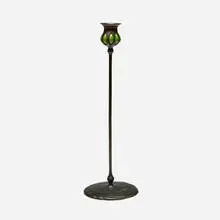 Blown-out candlestick by Tiffany Studios, c. 1910, patinated bronze, hand-blown glass, sold Nov 2025