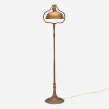 Adjustable harp floor lamp by Tiffany Studios, c. 1915, acid-etched and gilt bronze, leaded glass, sold Nov 2025