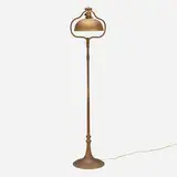 Tiffany Studios, Adjustable harp floor lamp, c. 1915, acid-etched and gilt bronze, leaded glass