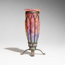Vase by Daum and Majorelle, c. 1920, hand-blown glass with gold foil inclusions, wrought iron, sold Nov 2025