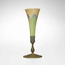Pulled-feather vase with mount by Tiffany Studios, c. 1920, hand-blown Favrile glass, acid-etched and gilt bronze, sold Nov 2025