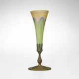 Pulled-feather vase with mount by Tiffany Studios, c. 1920, hand-blown Favrile glass, acid-etched and gilt bronze, sold Nov 2025