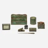 Tiffany Studios, Pine Needle eight-piece desk set, c. 1910, patinated bronze, Favrile glass, glass, printed card stock, bristles