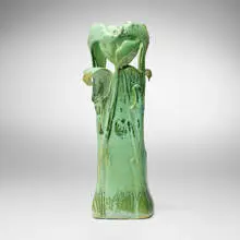 Tiffany Studios, Rare Favrile Pottery vase with jack-in-the-pulpit flowers, 1904-14, Moss Green-glazed earthenware
