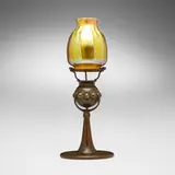 Tiffany Studios, Jeweled candle lamp with shade, c. 1906, hand-blown Favrile glass, patinated bronze, Favrile glass