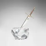 James Houston for Steuben, Excalibur paperweight and letter opener, 1963, lead glass, sterling silver, 18k yellow gold
